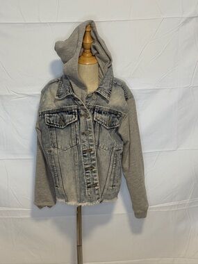 Blank NYC Grey Hooded Denim Jacket with Sweatshirt Sleeves